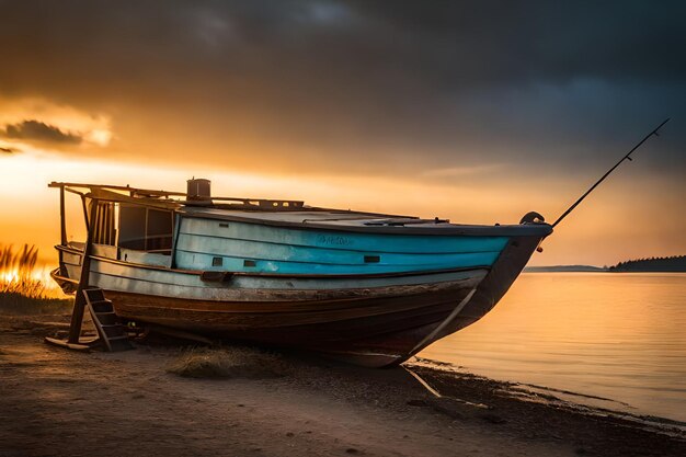 a boat on the shore with a sunset in the background.