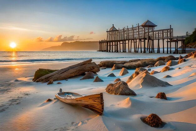 A boat sits on the beach in front of a pier.