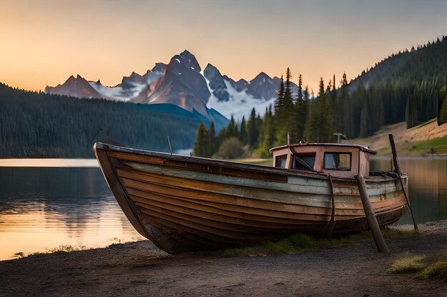 A boat sits on the shore of a lake with mountains in the background