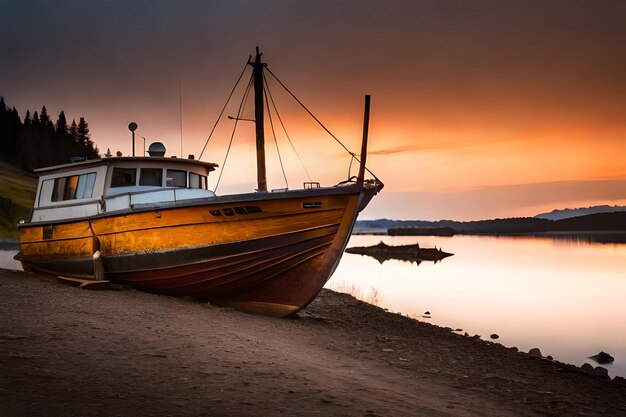 a boat sits on the shore of a lake with the sun setting behind it.