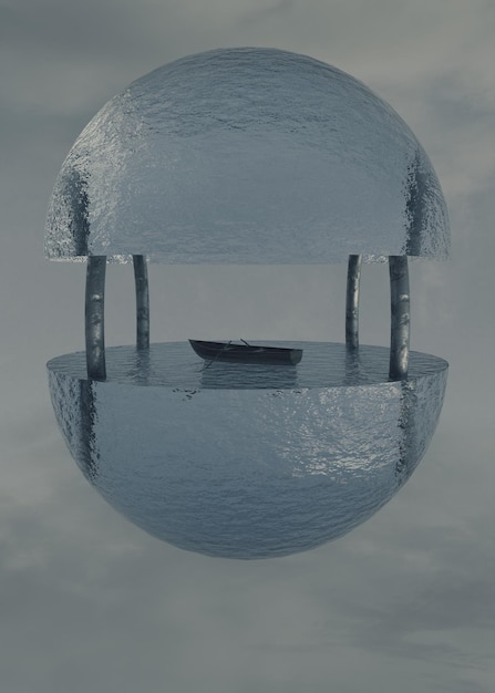 Photo a boat sits on a sphere with ice on it.