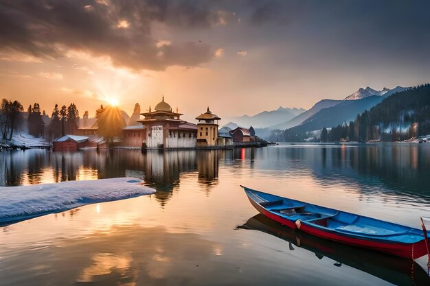 A boat sits on the water in front of a temple with mountains in the background.