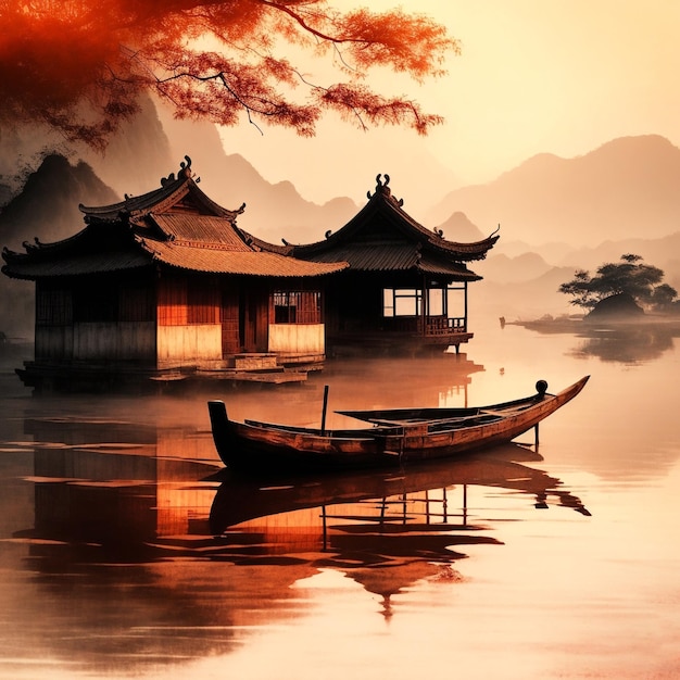 A boat sits in the water next to a house with a mountain in the background.