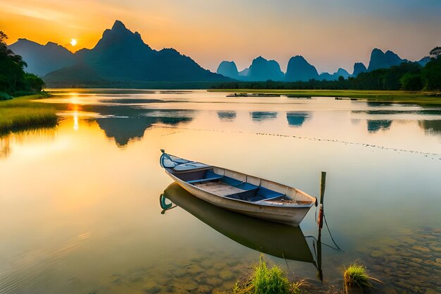 a boat sits in the water with mountains in the background.