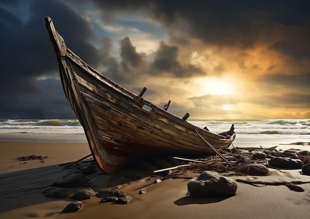 boat sitting beach deep deserted sea storms behind broken scratches somber lighting lost edges