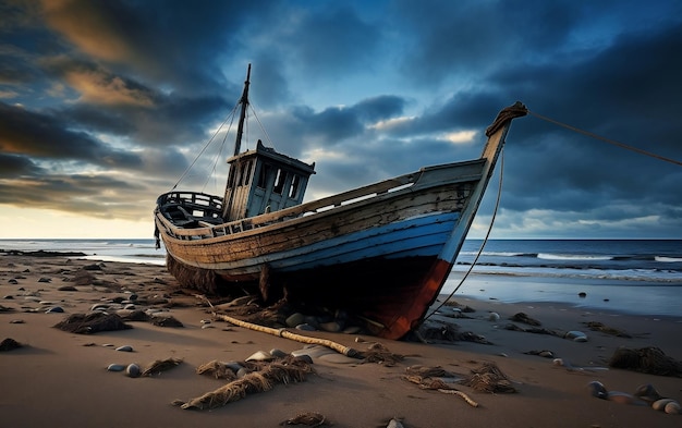 A boat sitting on top of a sandy beach AI