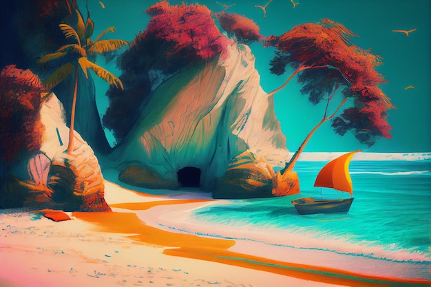 Boat sitting on top of a sandy beach generative ai