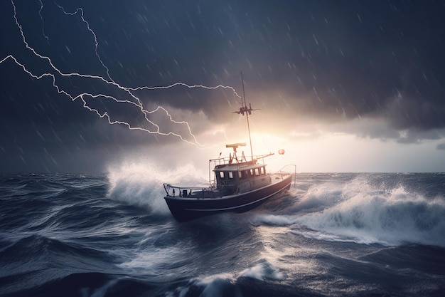 A boat in a stormy sea with a stormy sky and lightning