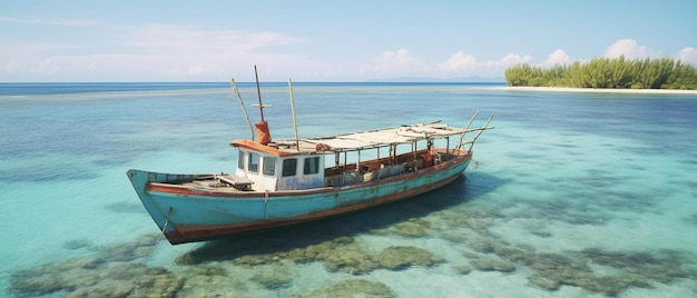 Photo a boat that is blue and has a white roof