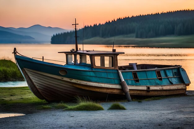 A boat that is sitting on the shore with a mountain in the background.