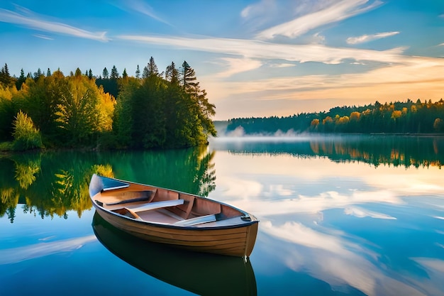 a boat that is sitting in the water with trees in the background