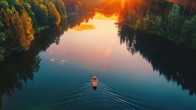 Boat Traveling Down River Next to Forest