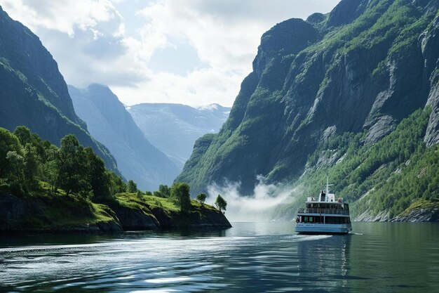 Photo a boat traveling down a river surrounded by mountains