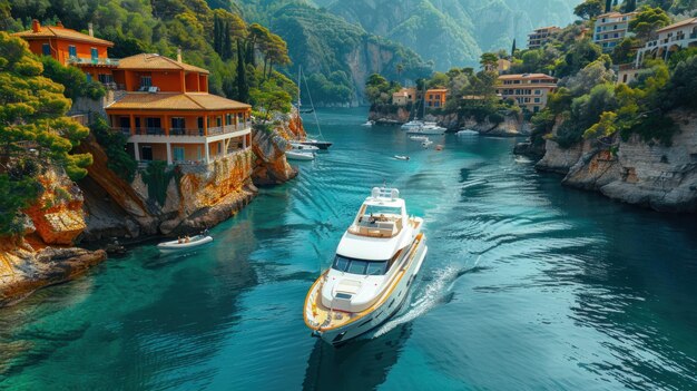 Boat Traveling on River Amid Mountainous Landscape