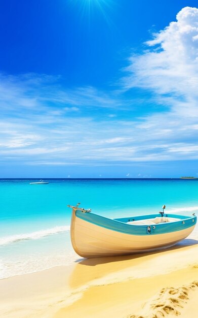 Boat on a tropical beach with a blue sky and a beach in the background wallpaper