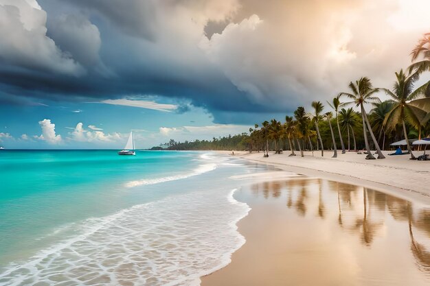 a boat on a tropical beach with palm trees in the background