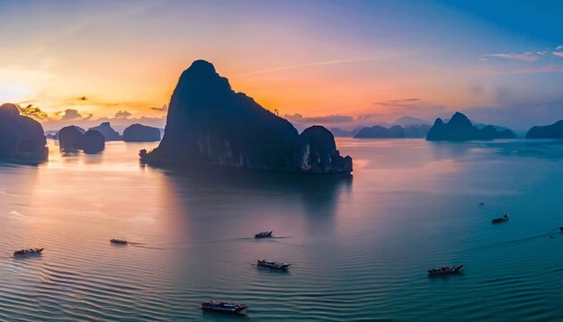 Foto una barca in acqua al tramonto