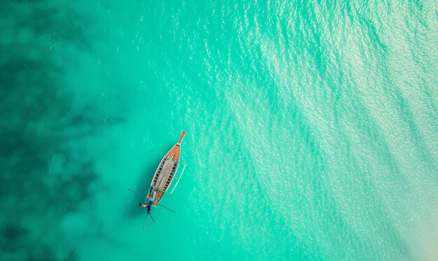 Boat on water surface from top view turquoise blue water background from top view summer seascape