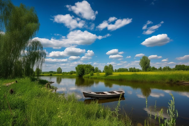 A boat on the water with a blue sky and clouds