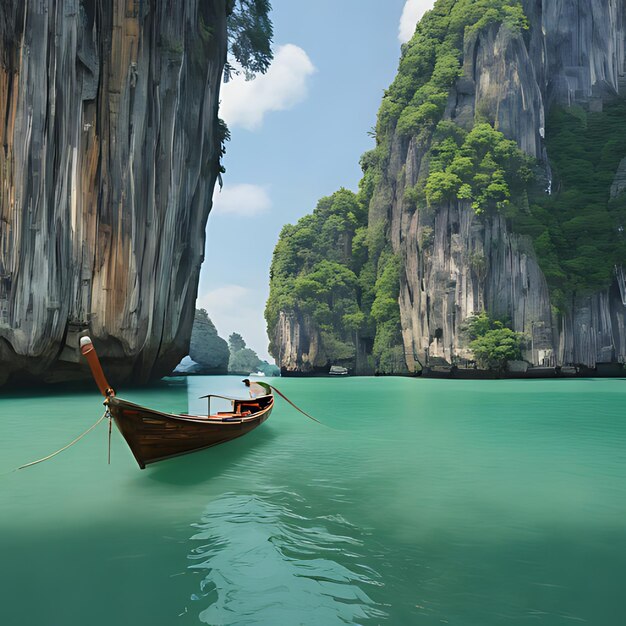 a boat in the water with a boat in the background