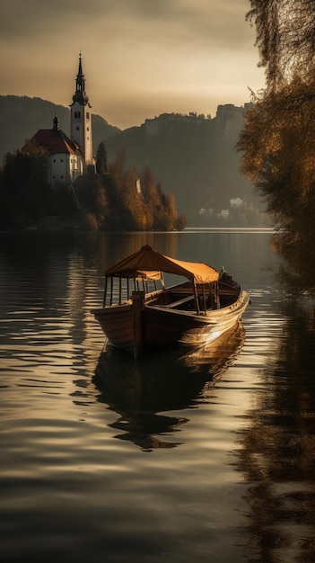 A boat on the water with a church in the background