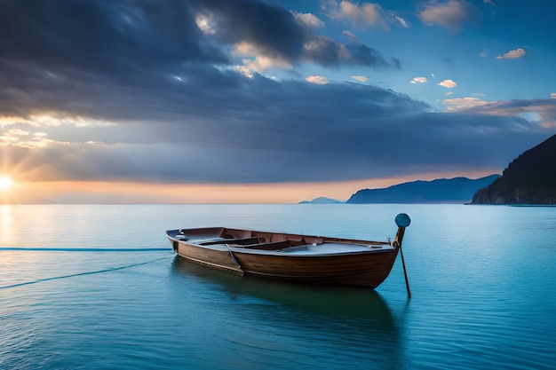 A boat in the water with a cloudy sky in the background