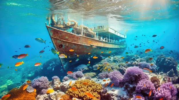a boat in the water with fish and coral