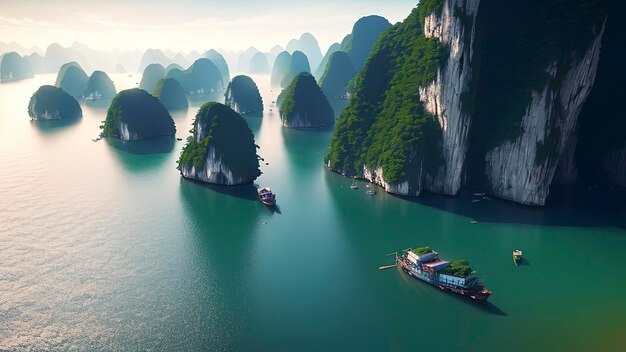 A boat on the water with a green island in the background