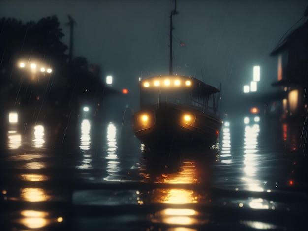 A boat in the water with lights on
