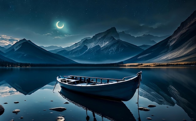 A boat on the water with a moon and stars above it