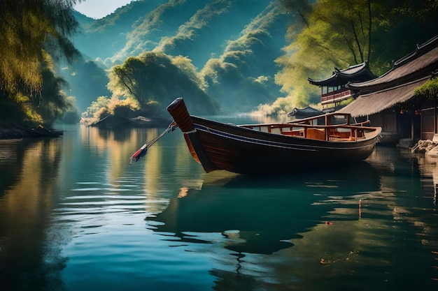 山の背景の水上のボート