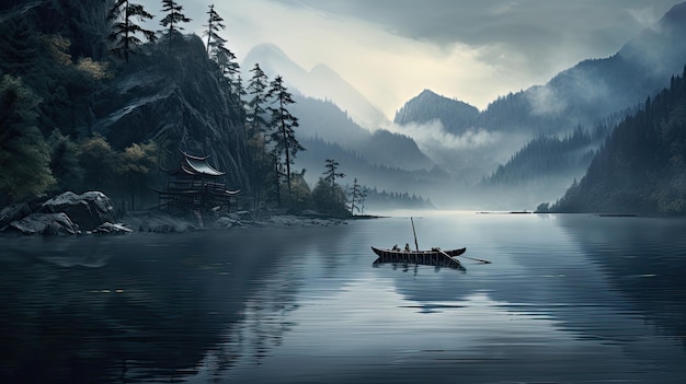 a boat in the water with mountains in the background