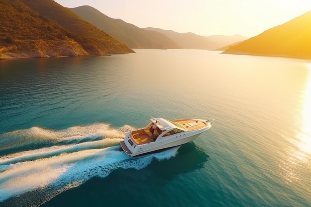 A boat in the water with mountains in the background