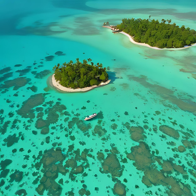 a boat in the water with palm trees in the water