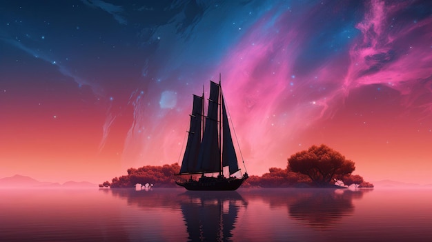 A boat on the water with a pink and purple background