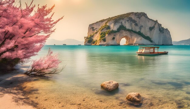 Photo a boat in the water with a pink tree in the background