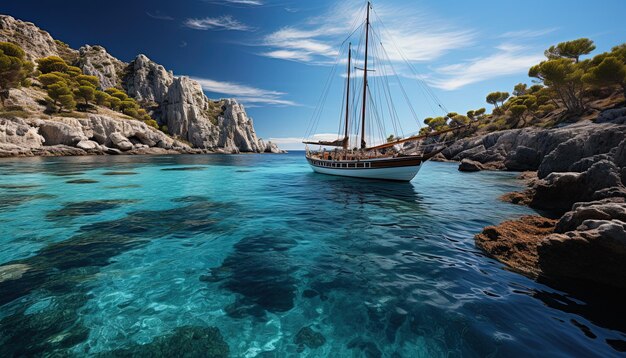 Photo a boat in the water with a rocky shore in the background