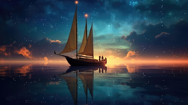 星を背景に水上のボート