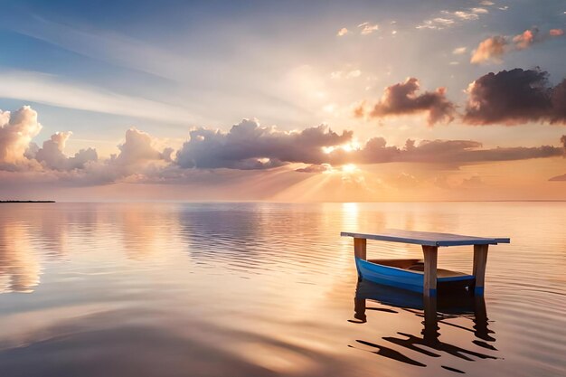 Foto una barca sull'acqua con il sole che splende attraverso le nuvole