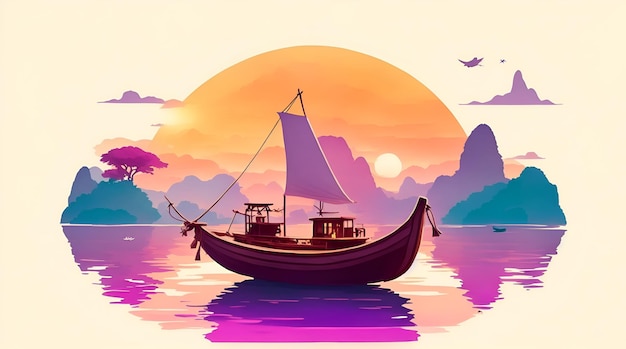 A boat on the water with a sunset in the background.