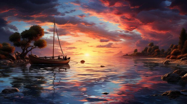 A boat in the water with a sunset in the background