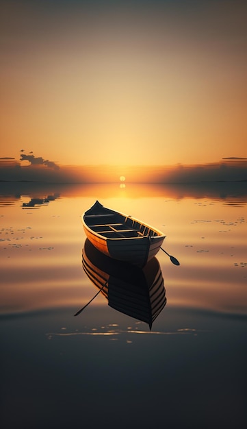 A boat on the water with a sunset in the background