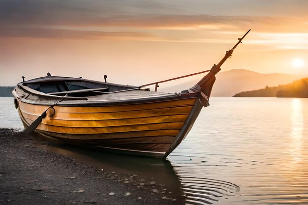 a boat on the water with a sunset in the background