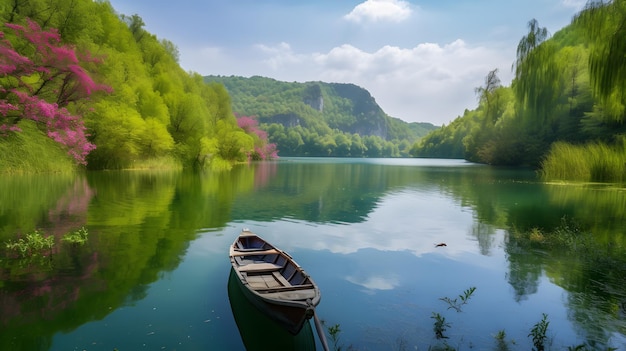 A boat on the water with trees in the background