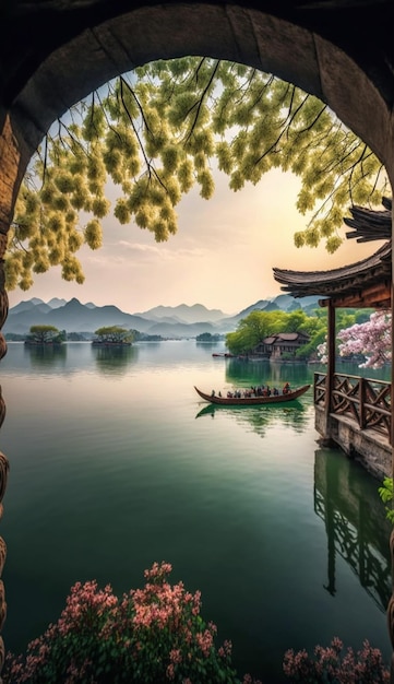 A boat on the water with a view of the mountains in the background.