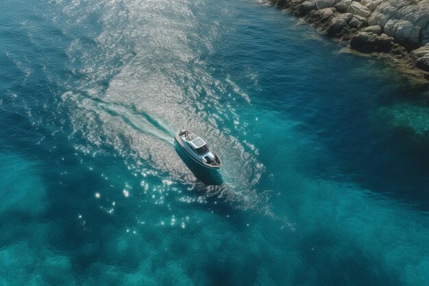 A boat in the water with the word marina on the bottom