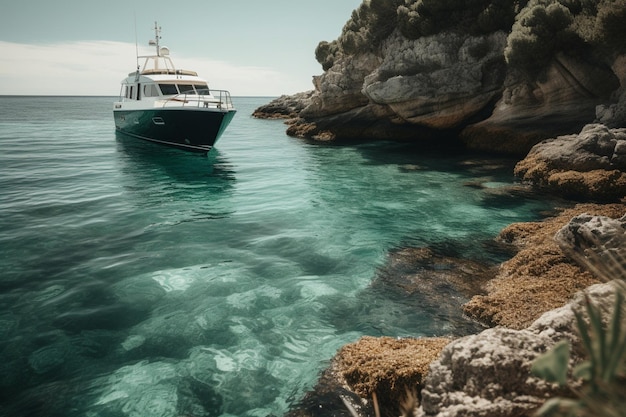 A boat in the water with the word yacht on the bottom.