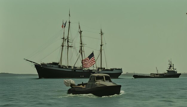 a boat with an american flag on the back is in the water