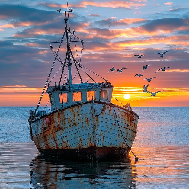 a boat with a bird flying in the sky and the sun behind it