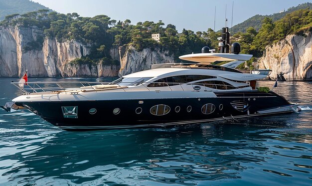 Photo a boat with a black and white boat in the water